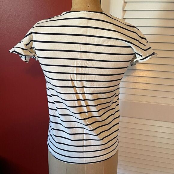 J CREW | black & white stripe short embellished sleeves v neck t XS - Picture 3 of 5